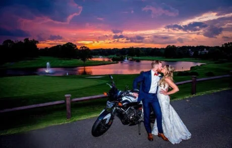 Brooklake lakeside bride and groom with motorcycle