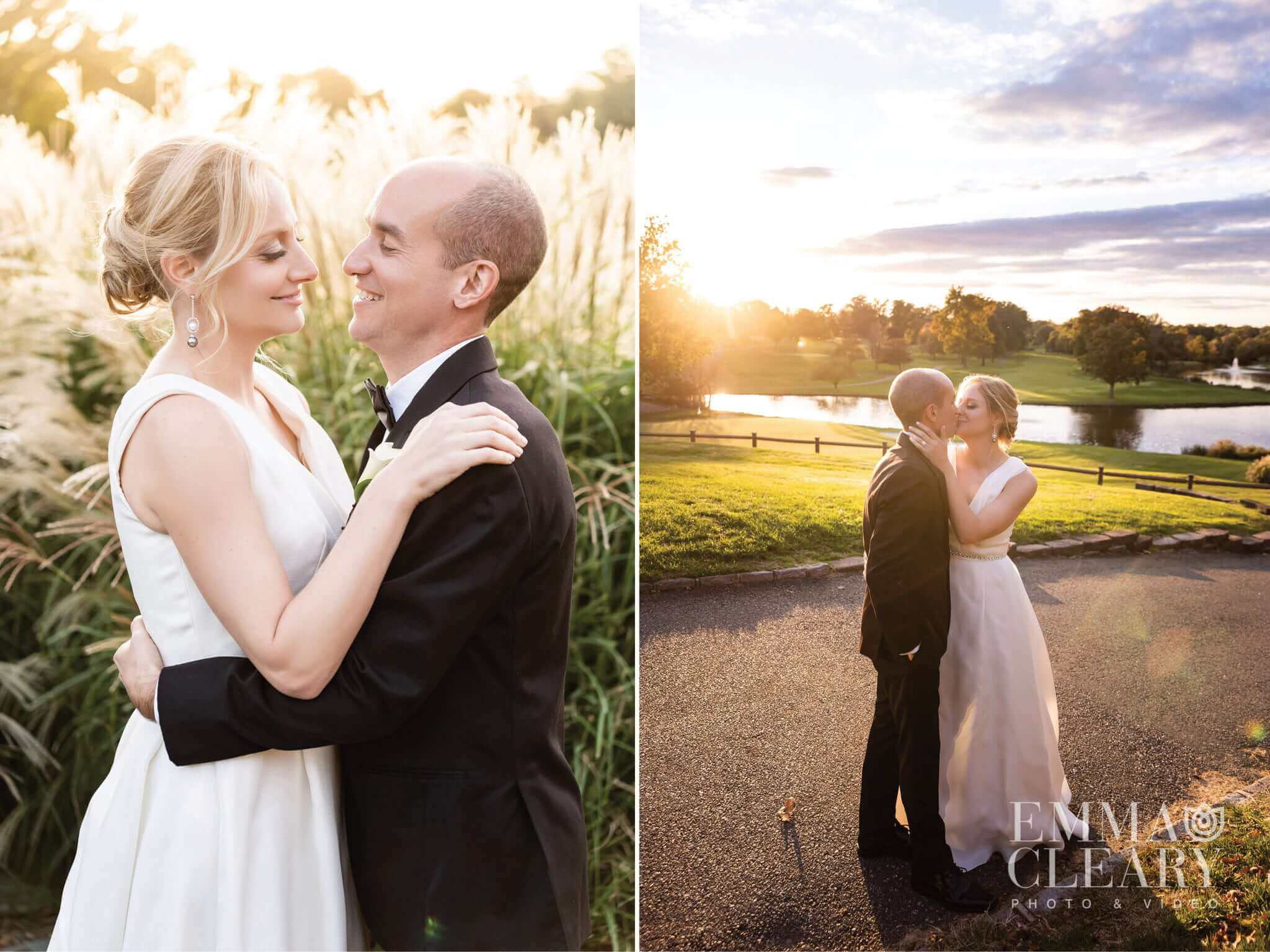 A couple embraces at sunset in front of tall grasses at a romantic New Jersey wedding venue in Florham Park.